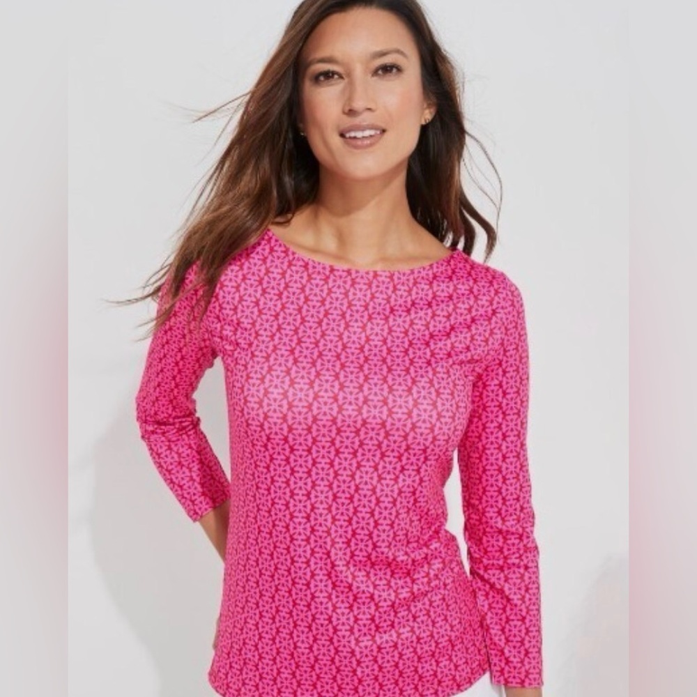 Vineyard Vines Hot Pink Geometric Boatneck Long Sleeve Top